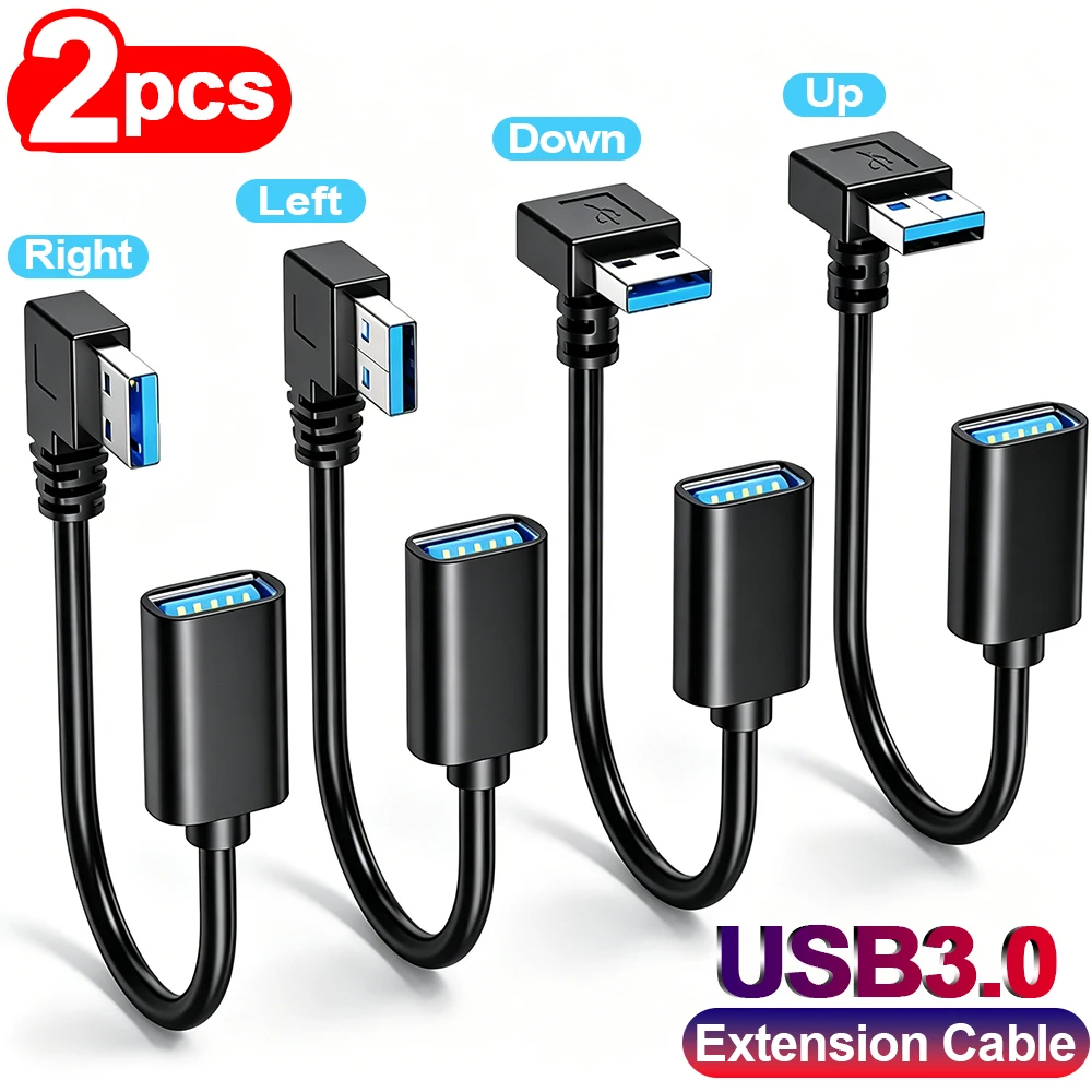 Cable de extensión USB 3,0 macho a hembra, línea extendida portátil con curva de 90 grados, compatible con cable de transferencia de datos para ordenador portátil y PC