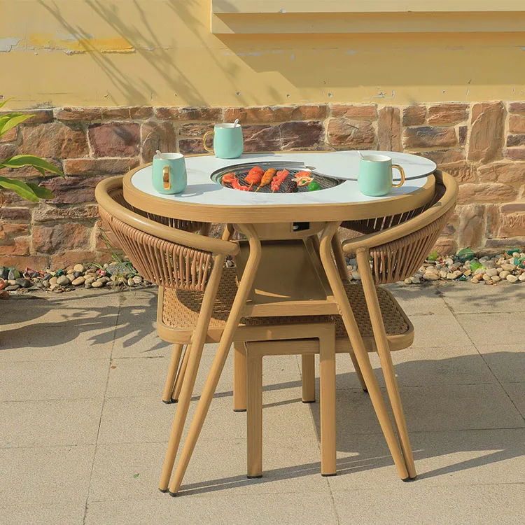 

3-Piece Modern Aluminum Rattan Compact Outdoor Dining Set Grill BBQ Table 2 Chairs-Weather Resistant Garden & Living Room Use