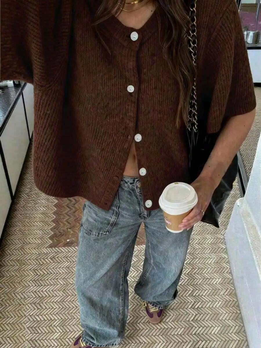 

Brown Round Neck Short Sleeve Button Knit Cardigan Casual Minimalist Street Style