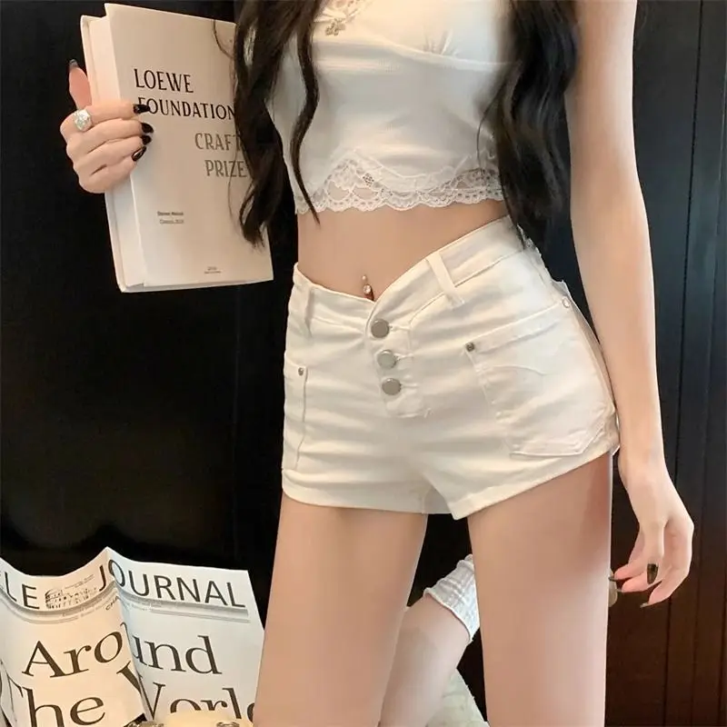 

Women's New Style Spliced button Zipper Pockets Fashionable Solid Color Straight High Waist Slim Denim Shorts