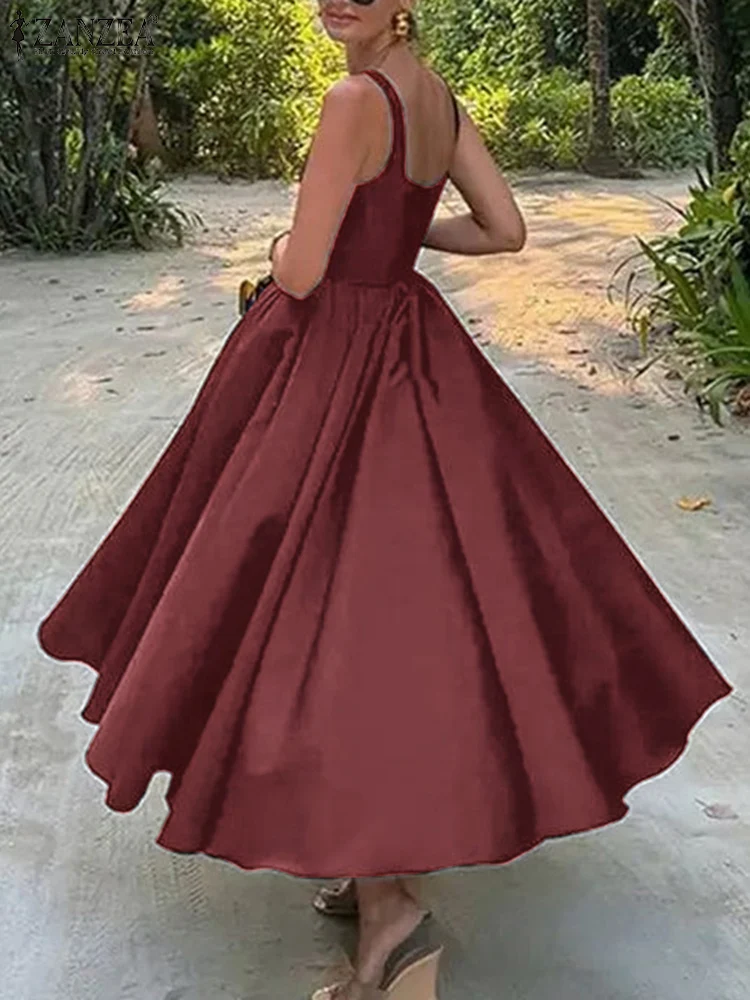 

ZANZEA Bohemian Swing Robe Women Satin Sundress Vintage Square Neck Sleeveless Midi Dress Casual Party Retro Chic Tank Vestidos