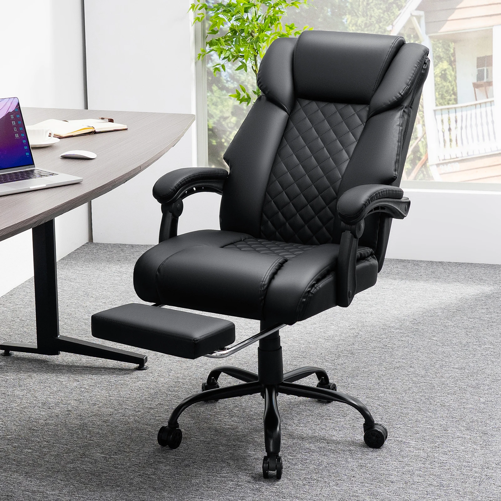 كرسي مكتب تدليك أسود مسند للقدمين حرارة 7 نقاط اهتزاز مريح كرسي مكتب تنفيذي مع مسند للقدمين مستلق للمكتب المنزلي #2