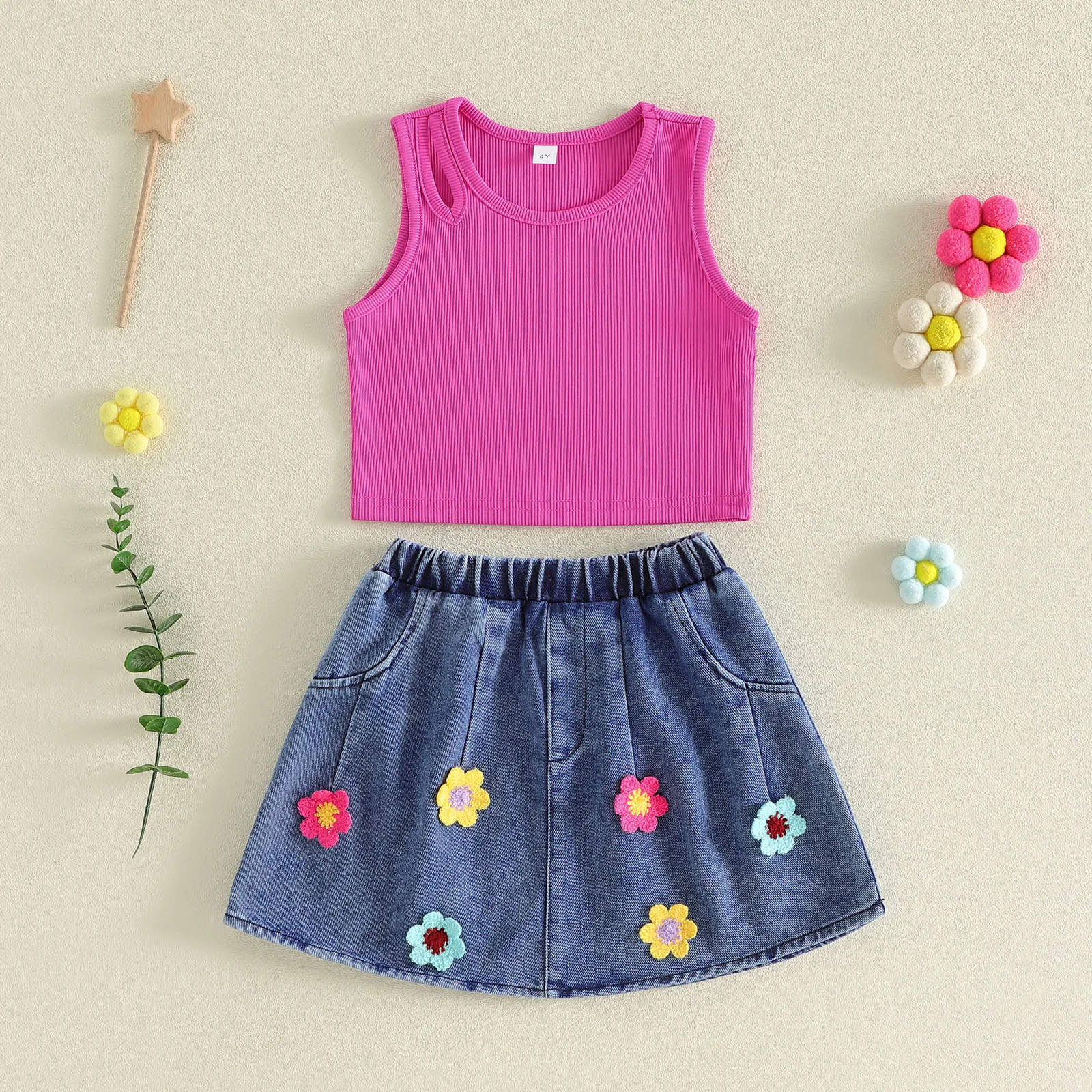4-7Y Girls Summer Outfits Sleeveless Keyhole Tank Tops Denim Skirt Set Fashion Kid Clothes Set
