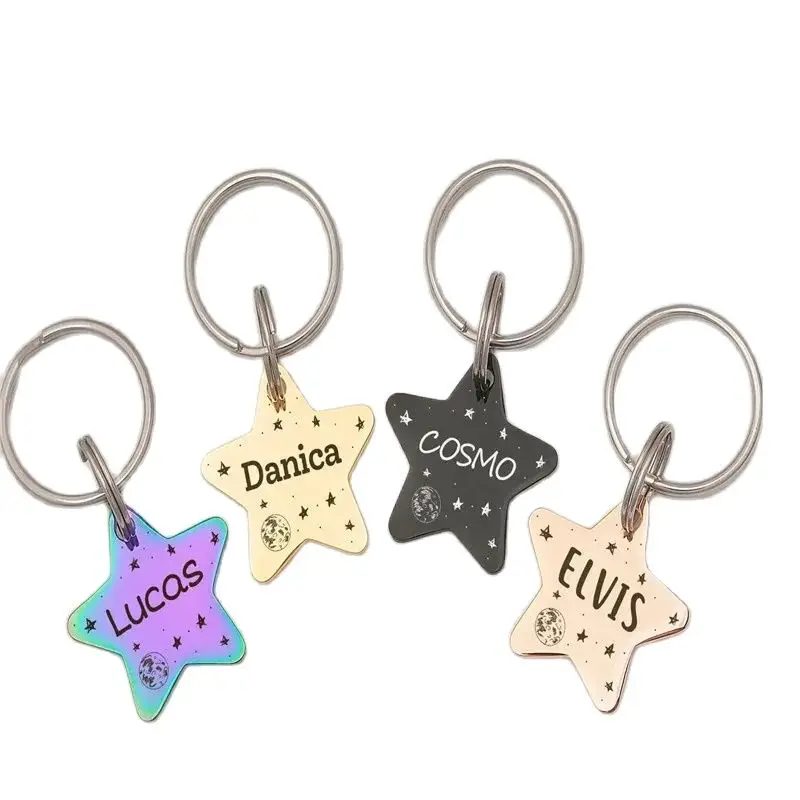 Personalize Star Shape Pet Tag With Keyring Stainless Steel Dog Name Phone Plate Steel Pendant Jewelry Making Accessories