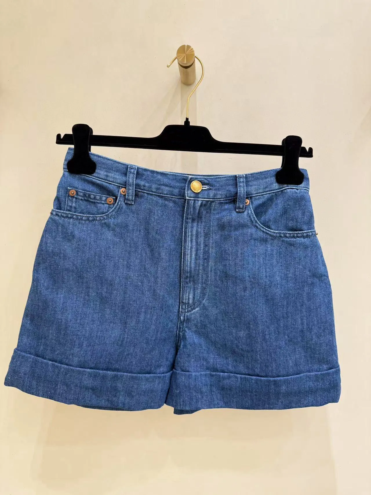 

Women's Workwear Style, Custom-made High Waisted Cotton Shorts, Washed Denim, Blue Pants With Rolled Edge Design