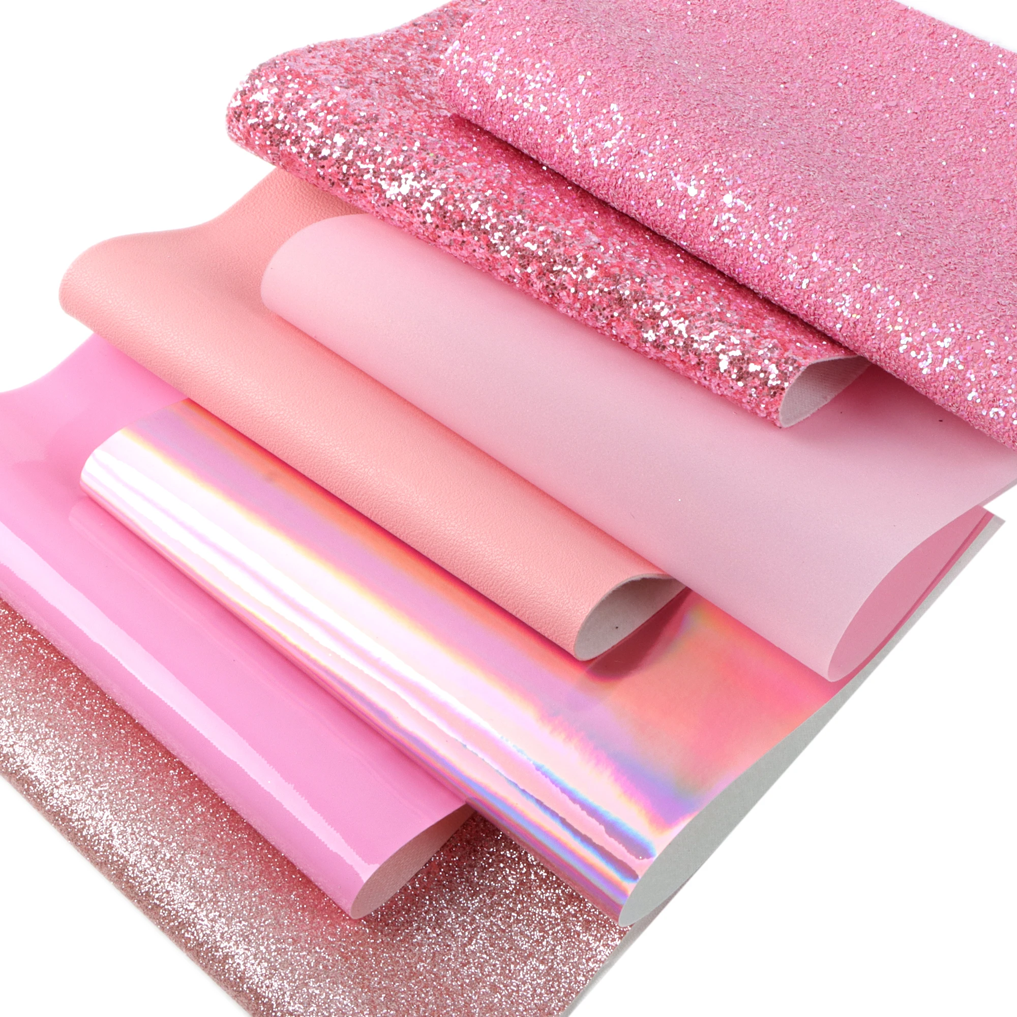 7pcs 20x33cm Pink Series Faux Synthetic Leather Sheets Chunky Glitter Lychee Solid Color Fabric Set DIY Earrings Bows Projects