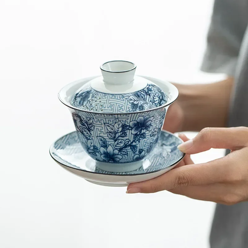 Retro Blue and White Porcelain in Glaze Decoration, High Temperature Fired Ceramic Gaiwan, Kung Fu Tea Set, Brewing Household