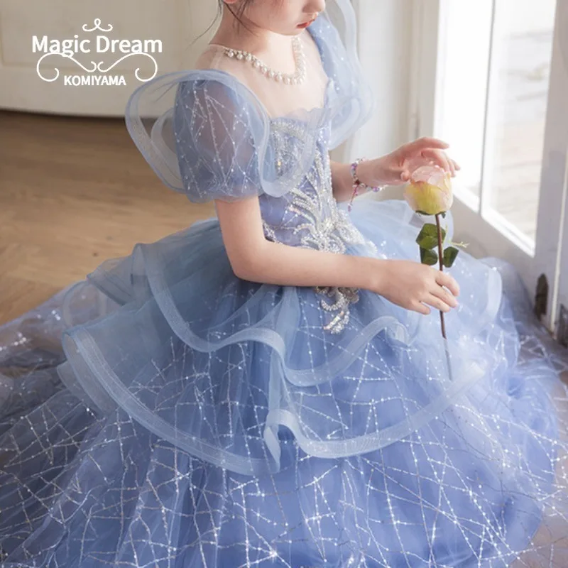 Customized Appliqué O-neck Puff Sleeve Slim Waist Wed Flower Girls Dresses Banquet Kids Birthday Party Vestidos Ball Gown Prince