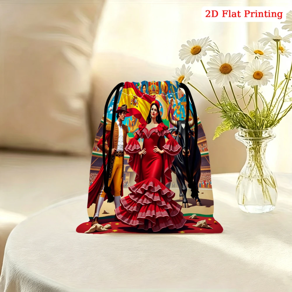 1pc Fashion Drawstring Bag Red Flamenco Dancer Print Storage Small Pouch Travel Cosmetic Organizer For Women Portable Gift