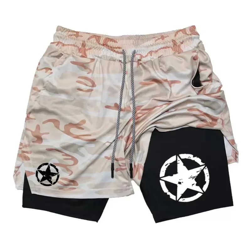 شورت رياضي مضغوط للرجال، شورت ملاكمة مطبوع لكرة السلة والشاطئ واللياقة البدنية، شورت رياضي بطبقة مزدوجة سريع الجفاف