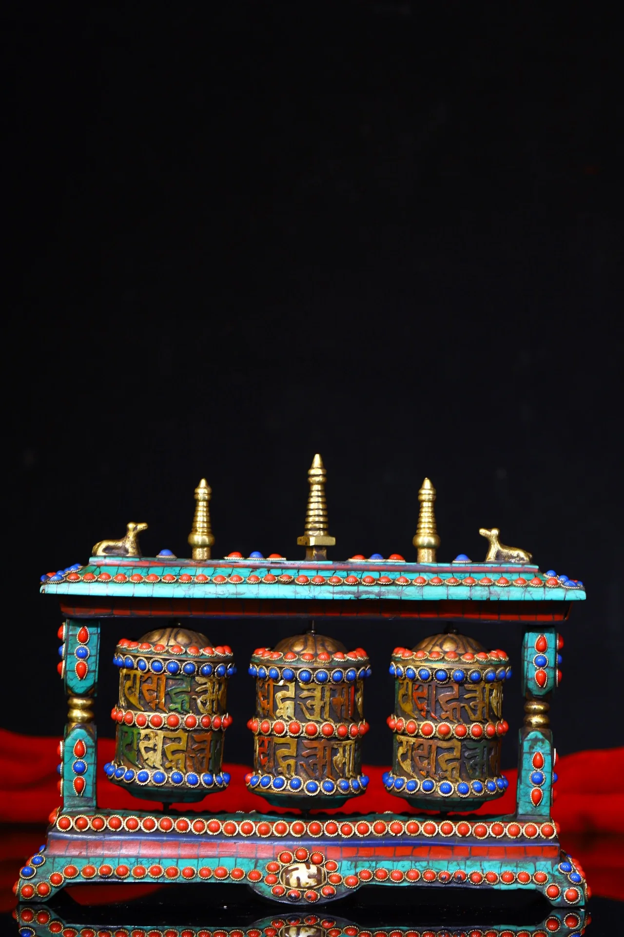 

7"Tibetan Temple Collection Old Bronze Painted Gem Six Character Proverbs Three barrels Prayer Wheel Old Scriptures Town house