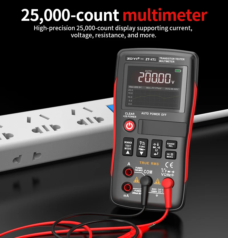 ZOYI ZT-XT1 2-in-1 Hochpräzisions-True-RMS-Multimeter & Transistortester, Spannungs-, Widerstands-, Dioden-, Kapazitäts- und Durchgangsprüfung – Detail 8
