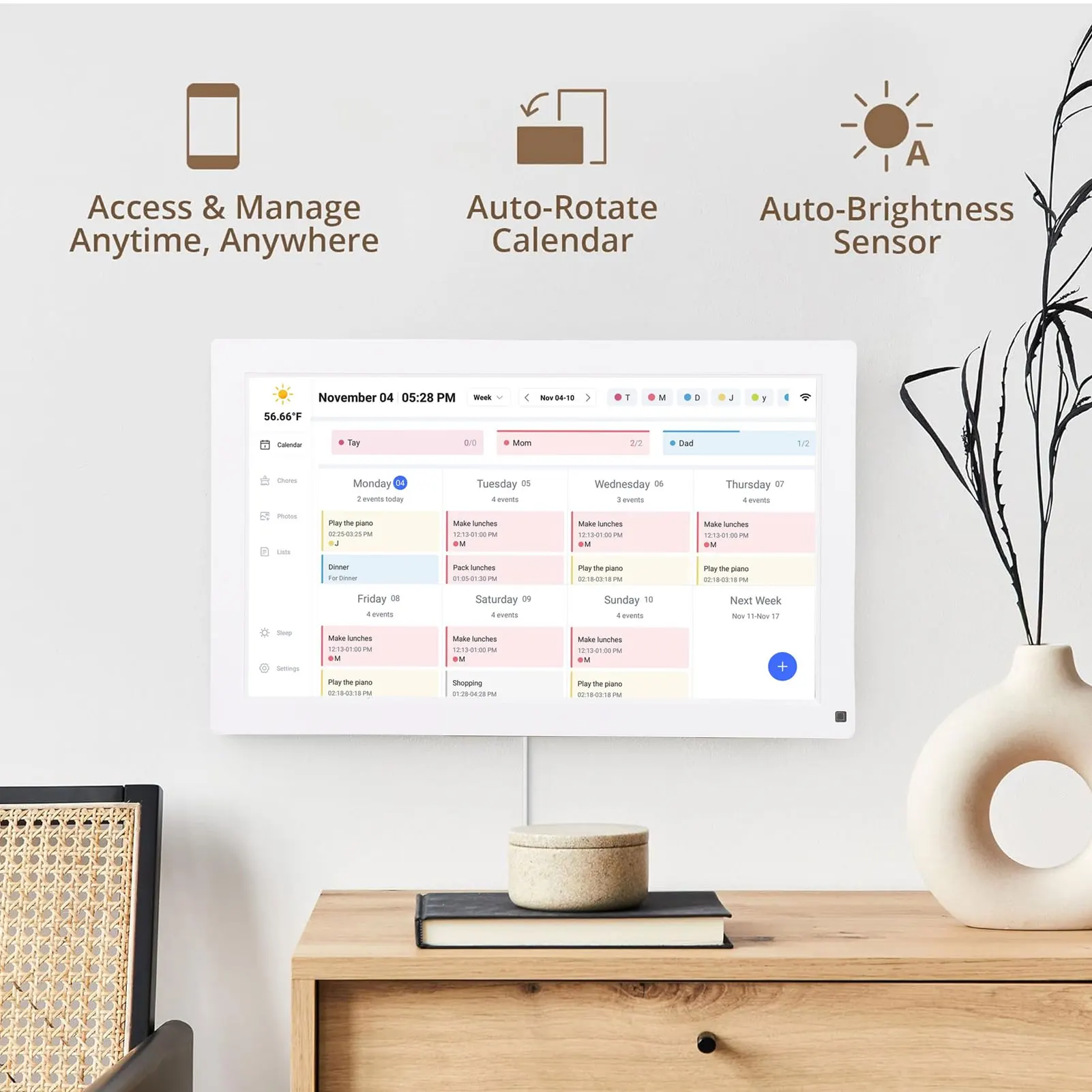 

15,6-дюймовый настенный планировщик, цифровой календарь, диаграмма работы, умный сенсорный экран, интерактивный дисплей, управление через приложение, 32 ГБ для семейных расписаний