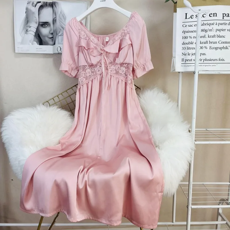 Sexy Lace Ruffle Princess Nightdress Pink Long Nightgown Bathrobe Loose Rayon Home Clothes Lounge Wear Spring Summer Sleepwear