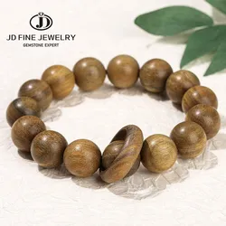 JD 15mm Natural Green Sandalwood Round Bead Bracelets With Ring Vintage Buddha Mala Meditation Prayer Bangles Wooden Jewelry