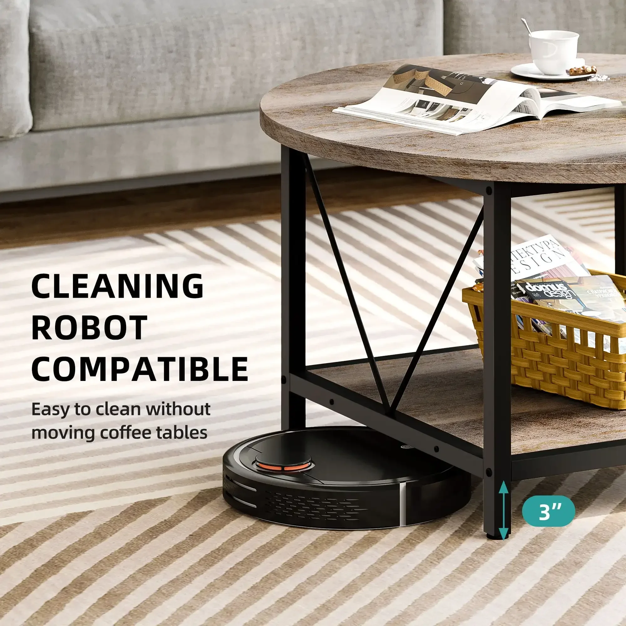 Round Coffee Table with Storage, Rustic Living Room Tables with Sturdy Metal Legs, OAK