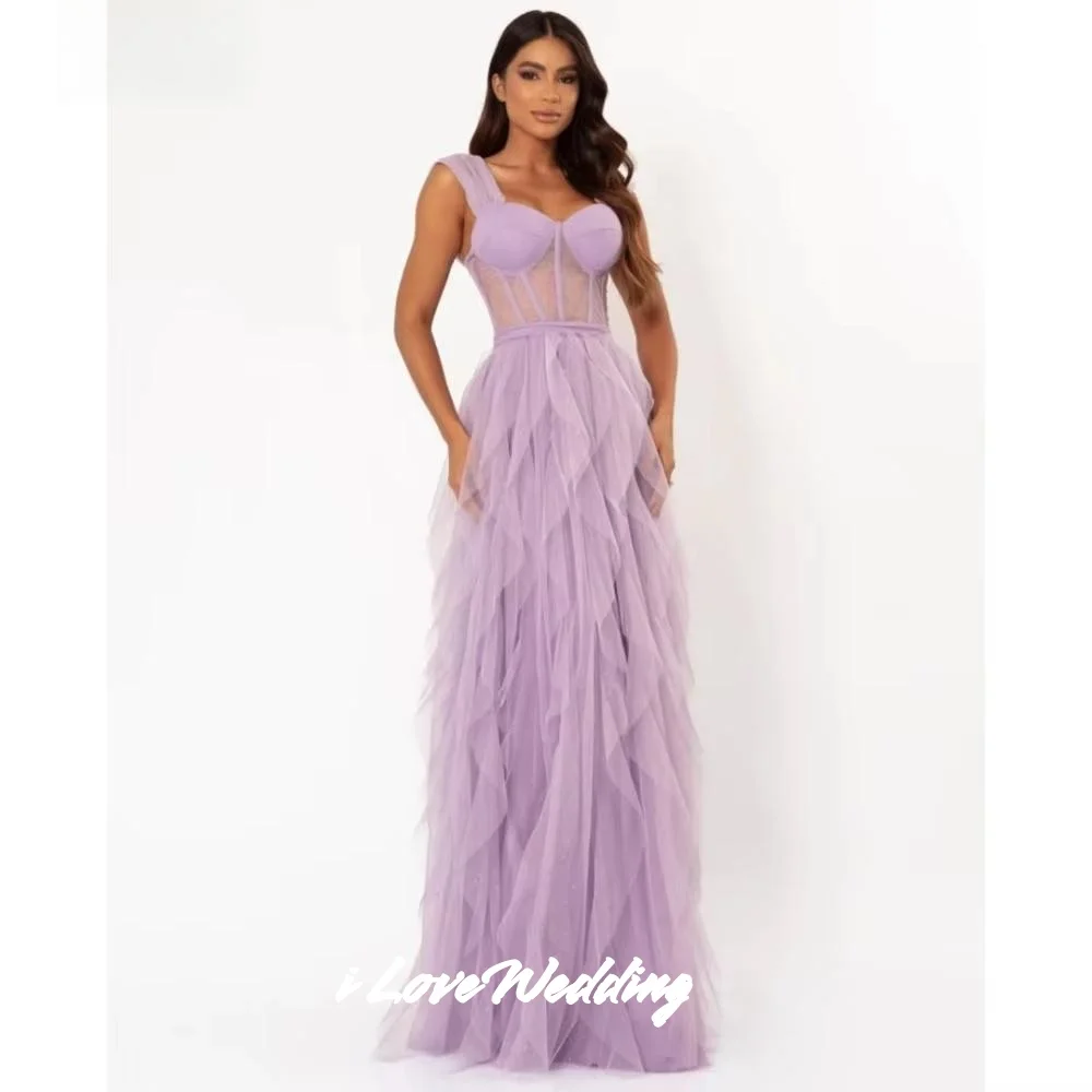 Purple Sweetheart Evening Dresses 2025 Tulle Spaghetti-Strap Backless A-Line Multi-Layered Floor-Length Party Dresses Customized