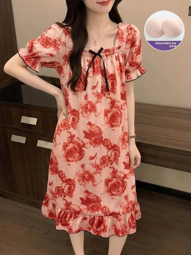 Women's Ice Silk Sleepwear with Chest Pad Rose Print Strap Home Clothes Summer Cool Feeling Outerwear Sweet Style Medium Length