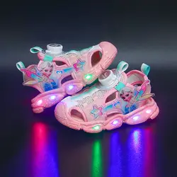 Disney LED Sport Sandals Summer Cartoon Princess Elsa Sandals For Girls Casual Beach Shoe Soft Sole Non-slip Kids Shoes Size 22-