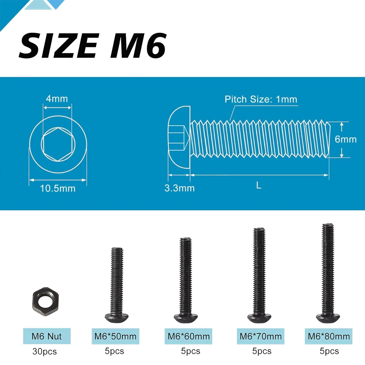 50PCS M6x50/60/70/80mm, Button Head Hexagonal Screw Nut Kit 10.9 Grade Carbon Steel