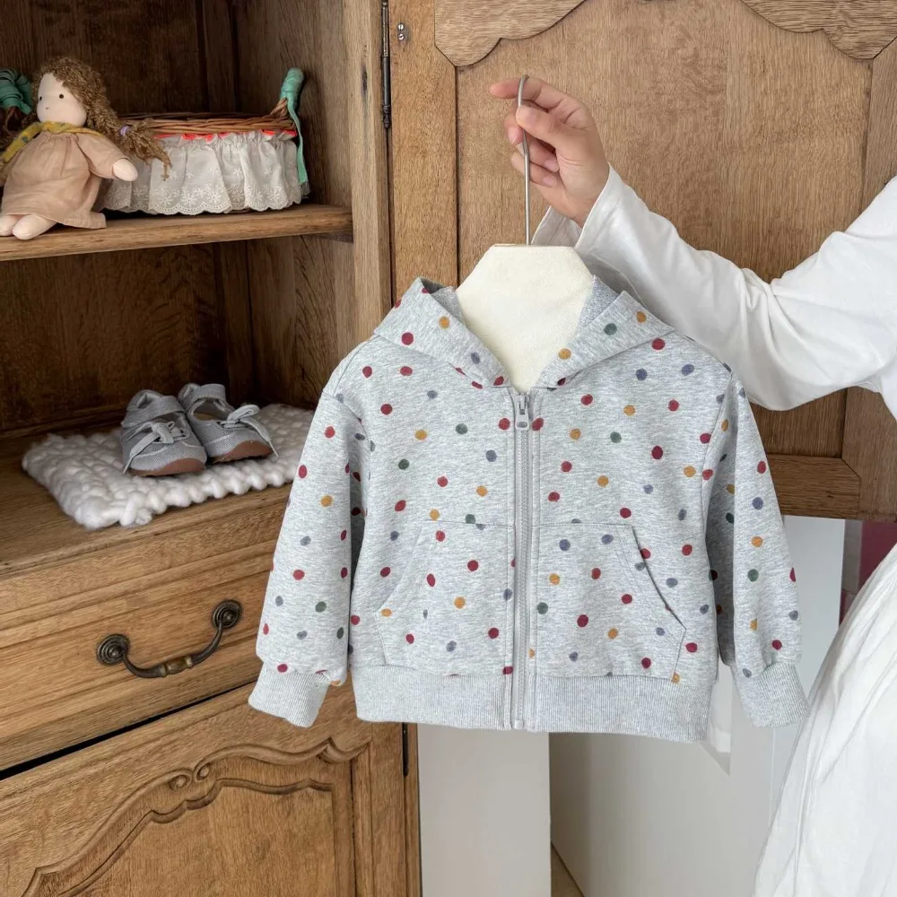 Girls Outfit Set 2026 Autumn New Arrival Korean Style Polka Dot Hooded 2Pcs Clothing Set Trendy Versatile Casual Suit Kids Girls