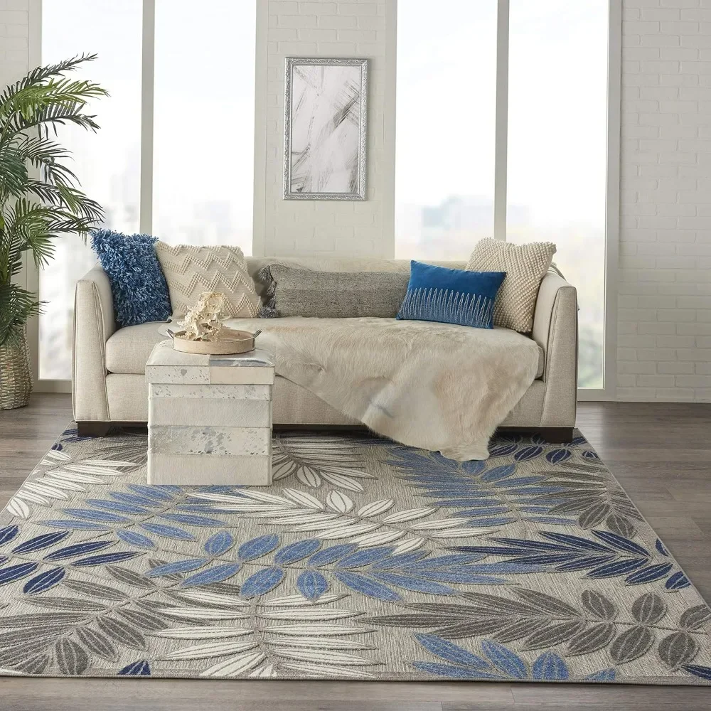 Indoor/Outdoor Grey/Blue 6' X 9' Area Rug, Easy Cleaning, Non Shedding, Bed Room, Living Room