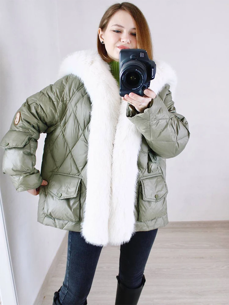 Navy Collar Long Fur Collar Parker Down Jacket Winter Jacket Women 2023 Women White Duck Down Warm Cotton Parka Coat Winter Coat