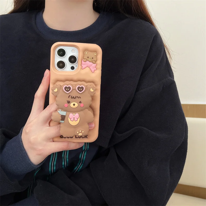 Cute Stand Lucky Bear Phone Case for iPhone 11 12 13 14 15 16 pro max