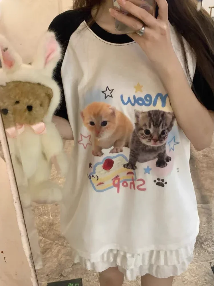 

ADAgirl Kawaii Cat Print T-shirts Women Japan Style Kitten Short Sleeve Cutecore Tops Sweet Girl Y2k for Teen Aesthetic Clothes