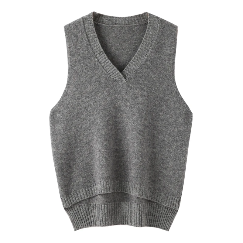 Women V-neck Vest Pullover Autumn Winter 100% Merino Wool Sweater Sleeveless Knitwear Irregular Hem Cashmere Waistcoat Clothing