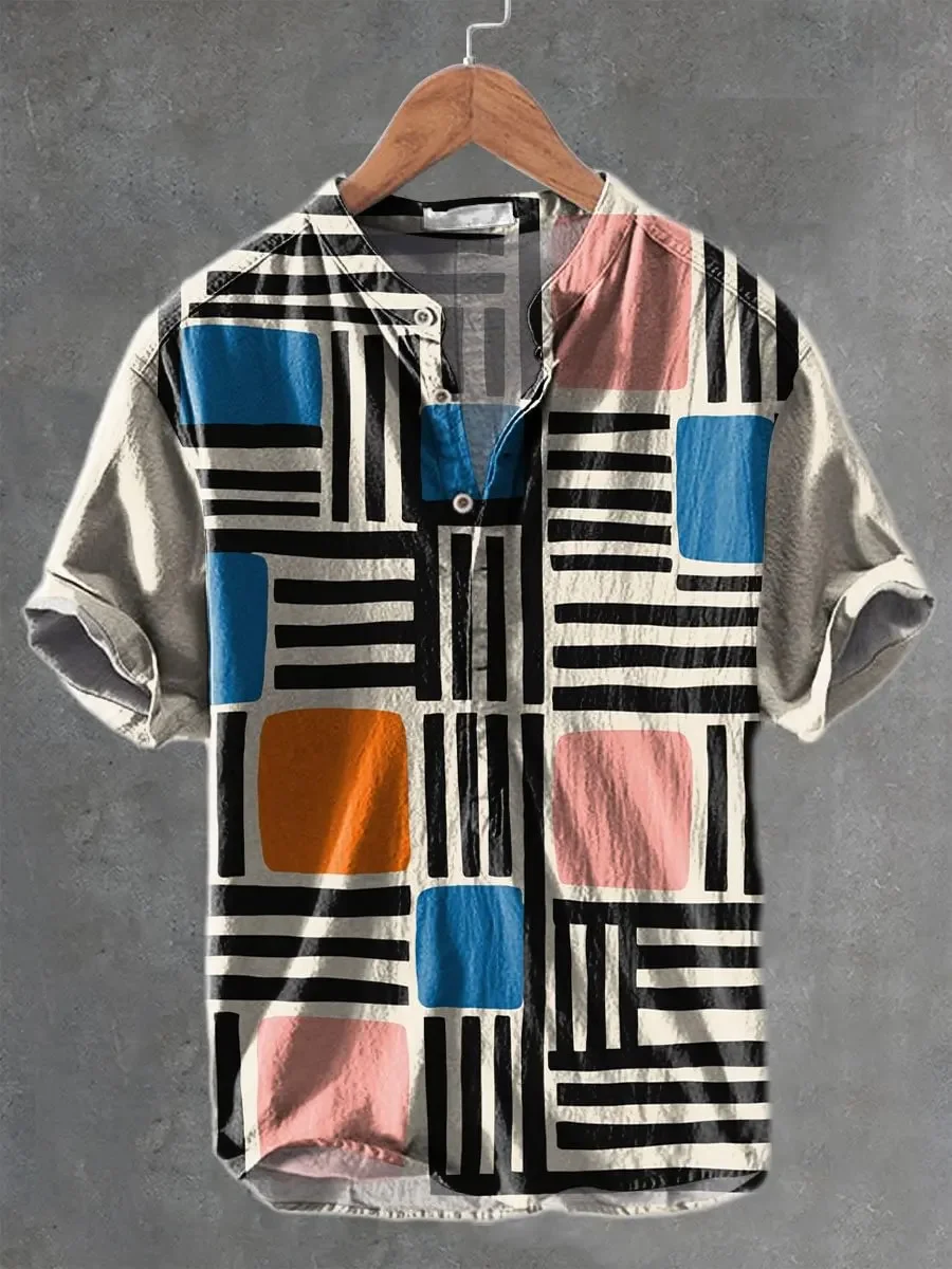 New Artistic Retro Style Short Sleeved Shirt Men's Beige Base Color Contrasting Geometric Print Casual Shirt