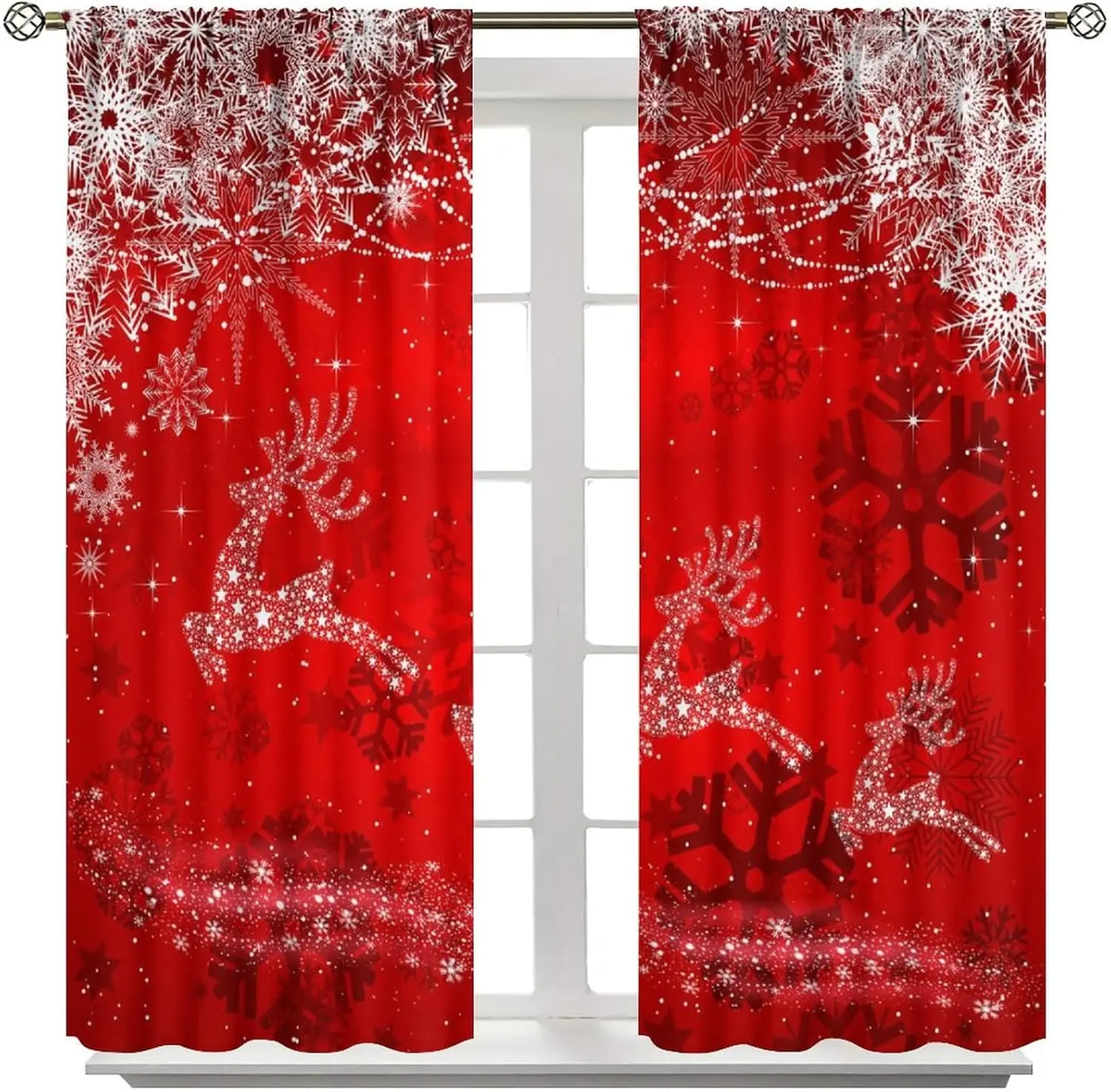 Xmas Reindeer Curtain Panels, Glitter Jumping Deer Snowflake Red Background Art Print Drapes for Living Room Window Home Decor