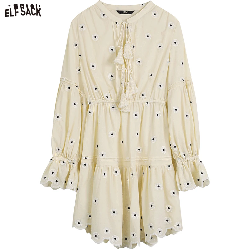 ELFSACK Embroidered Dresses Women 2023 Spring/Summer Waist Long Sleeve Daily Dress