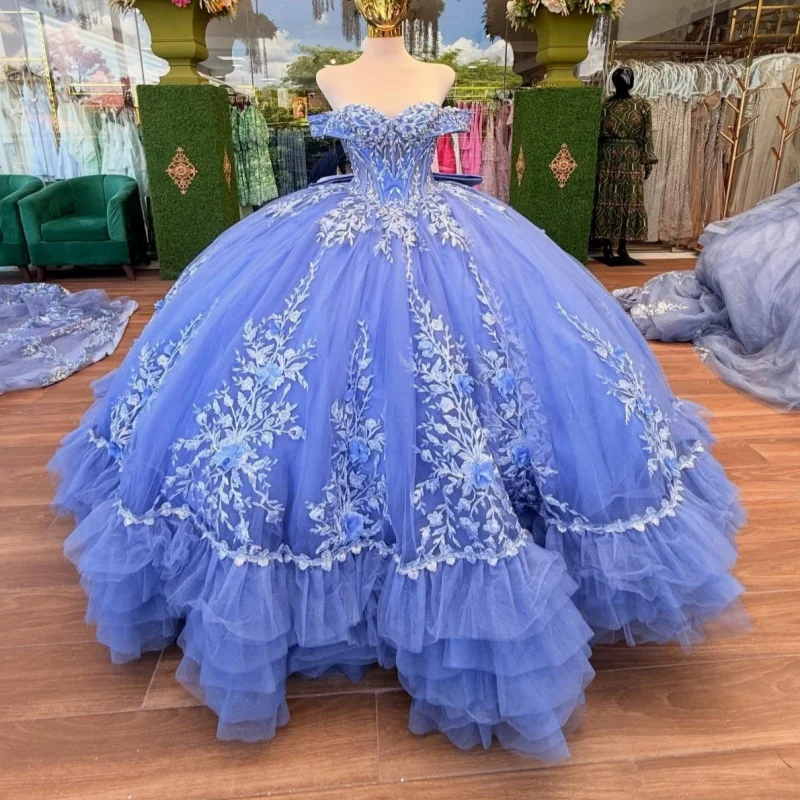 

Blue Ball Gown Quinceanera Dresses Applique Flower Beading Crystal Bow Tull Corset Off Shoulder Sweet 16 Dress vestidos 15 Anos