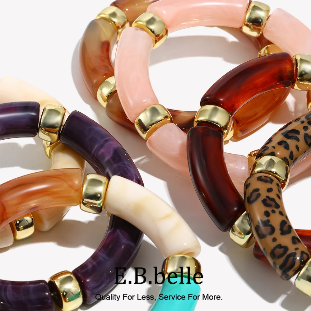 E.B.belle Acrylic Elastic Rope Bracelet Colorful Pattern Resin Leopard Print Bracelet With Gold Plated For Women's Gift Jewelry