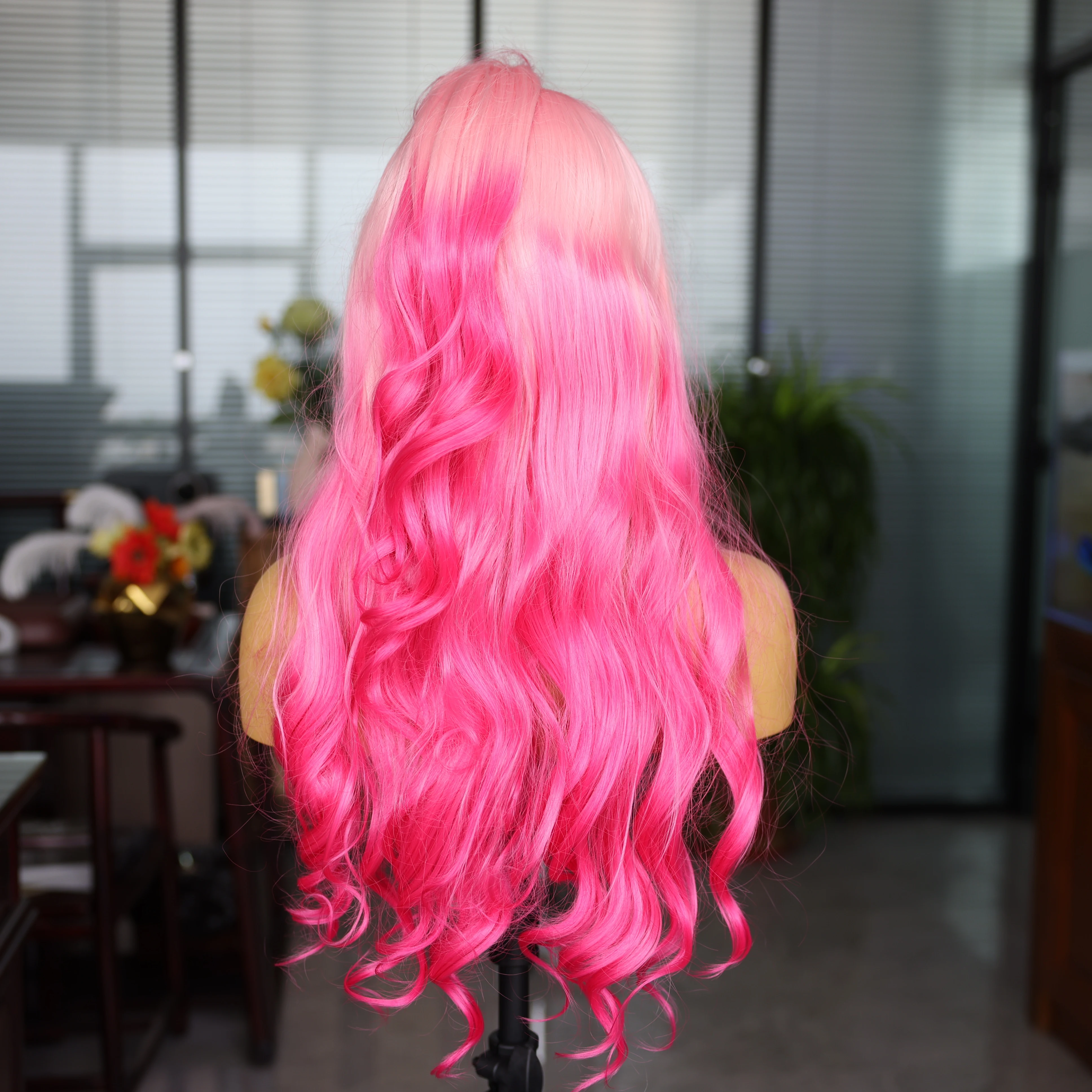 Pink Gradient Synthetic Body Wave Wig Front Lace Mesh Cap Wigs Heat Resistant Lightweight Fashionable Beautiful Cosplay Wig