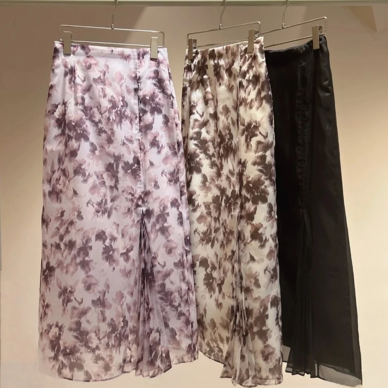 

Elegant Feminino Ink Floral Print Skirt High Waist Pleated Faldas Mujer Japanese Skirts Womens Autumn 2024 New Jupe Femme