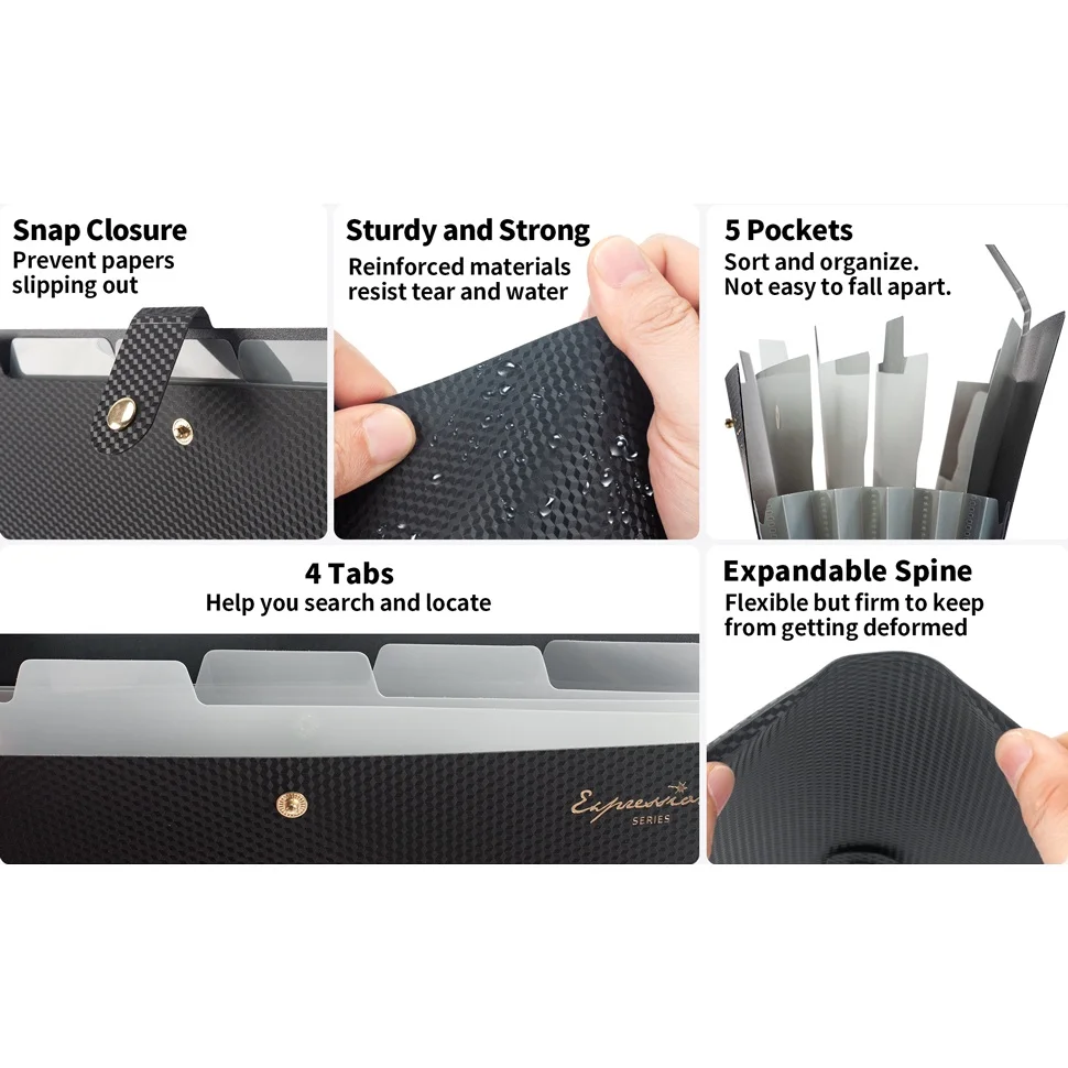 1PCS Expanding File Folder,5 Pocket Folders for Documents,Portable Paper Organizer for School Office Supplies,A4 Size