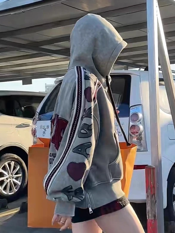 

American Sweet Cool Retro Tie-Dye Letter Embroidery Heart Hooded Fleece Jacket for Women Winter Trendy Personality Punk Coat