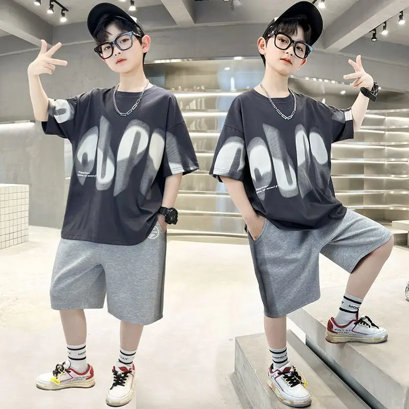 Boys Summer 2pcs Hiphop Style Leisure T-shirts+Pants Short Sleeved Suits 4-14 Years Teenage Korean Style Kids Streetwear Clothes