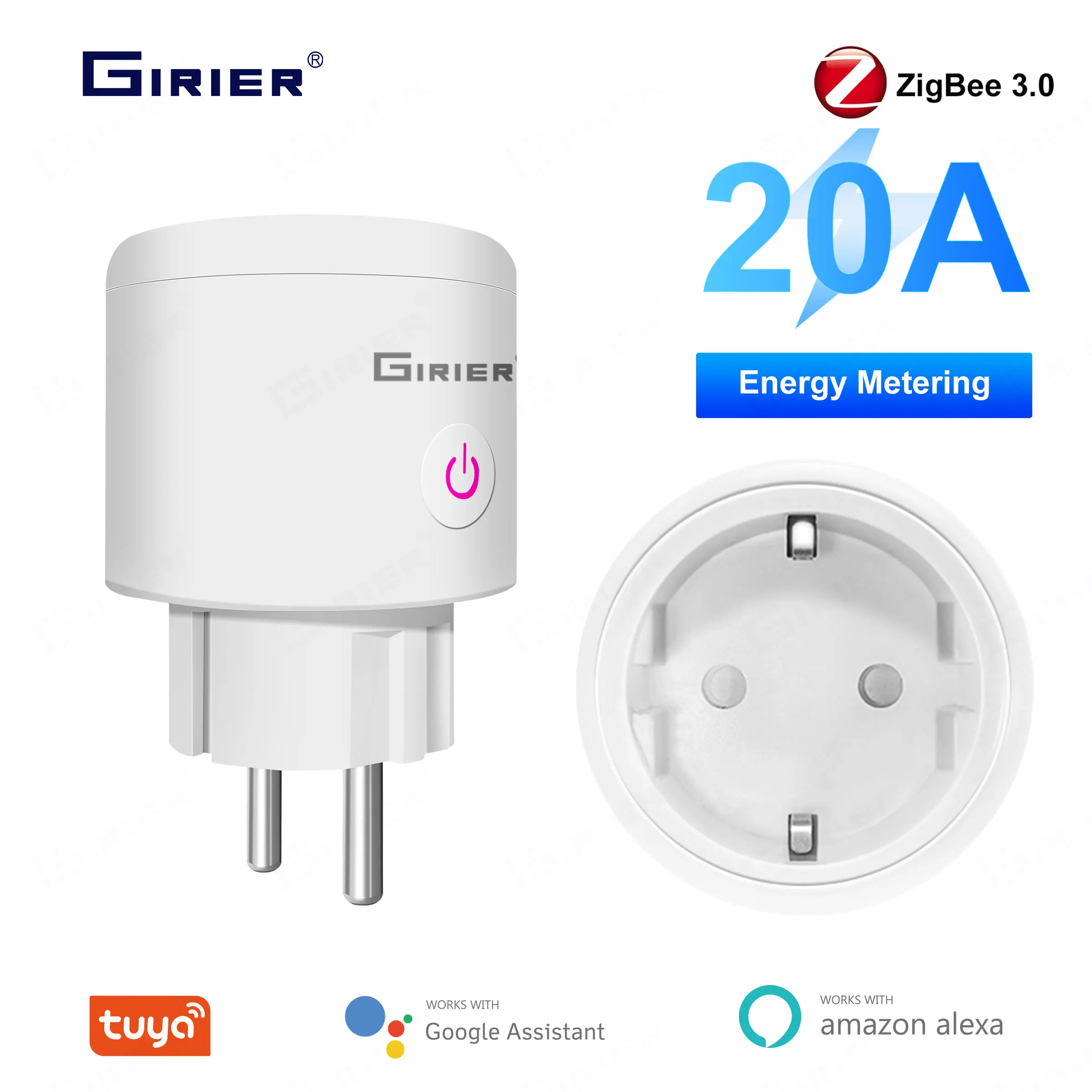

GIRIER Tuya Smart ZigBee Power Plug 20A 4200W Wireless Home Outlet Socket EU with Power Monitor Function Works Hey Google Alexa