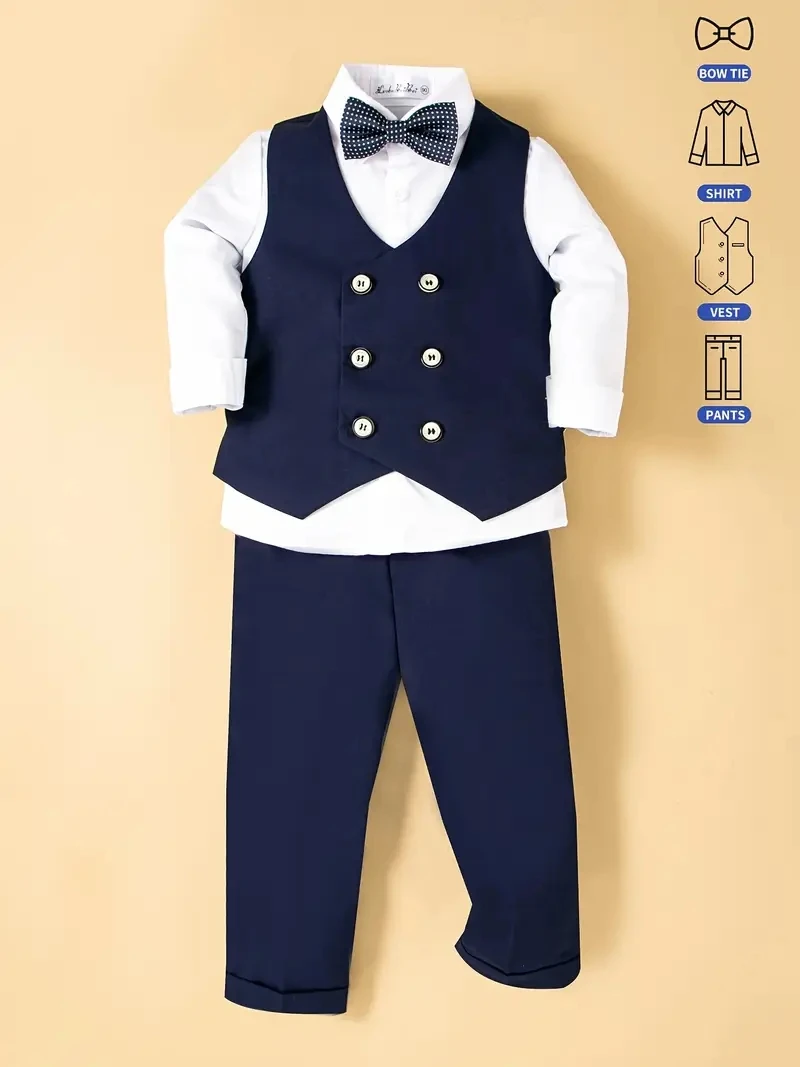 Boys 4Pieces Formal Suit With Vest Shirt Pants Bowtie For Wedding Birthday Kids Piano Host Speech Performance Costume