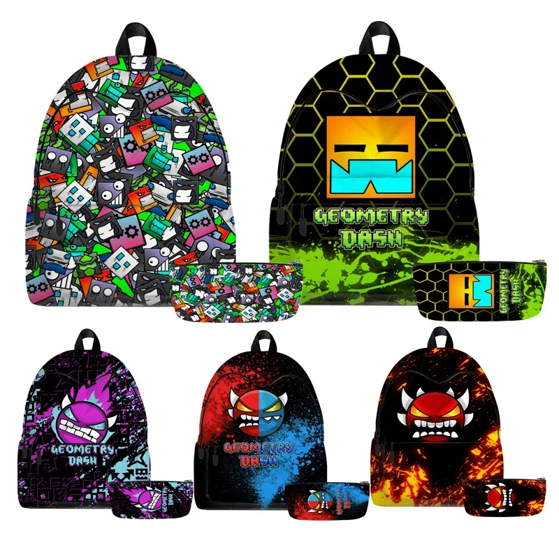 2pcs/set Angry Geometry Dash Backpack Boys Girls Student School Bag Teens Shoulder Mochila Fashion Children Kids Bags