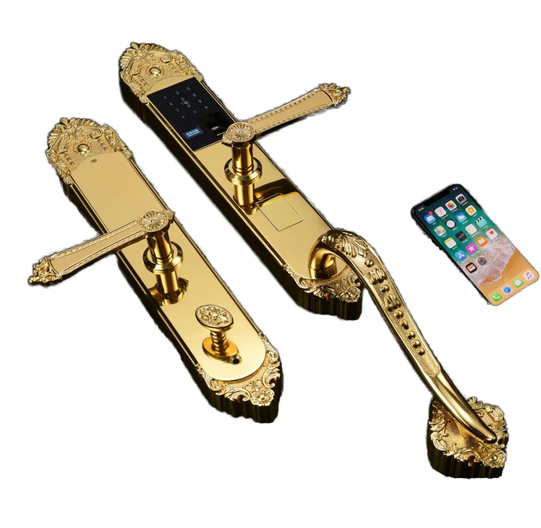 Solid Forged Pure Copper Fingerprint Smart Door Lock Luxury Vintage Antique Brass Handle Wood Door  Aluminum Alloy