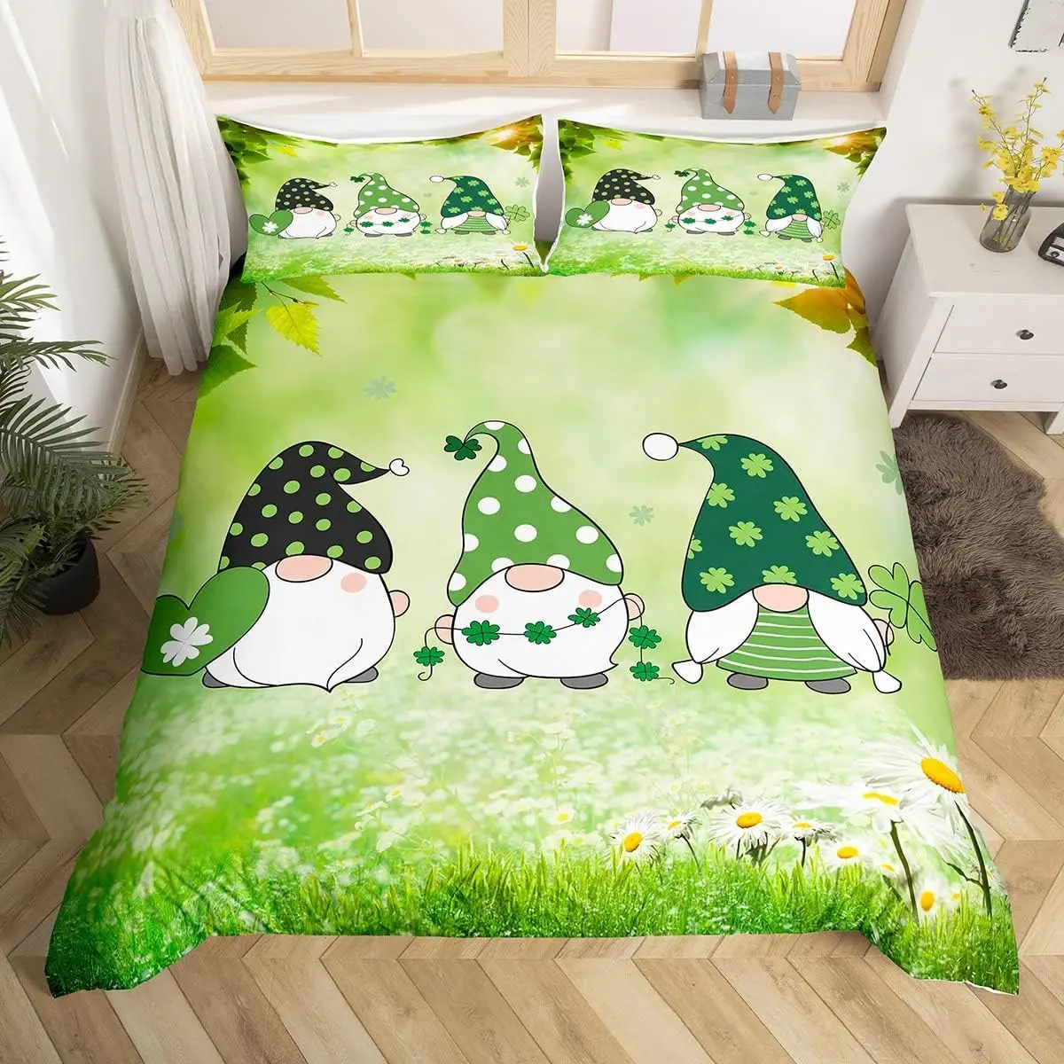 set-copripiumino-per-san-patrizio-misura-full-queen-motivo-gnomi-primaverili-set-biancheria-da-letto-2-3-pezzi-con-foglie-verdi-e-fiori-a-trifoglio