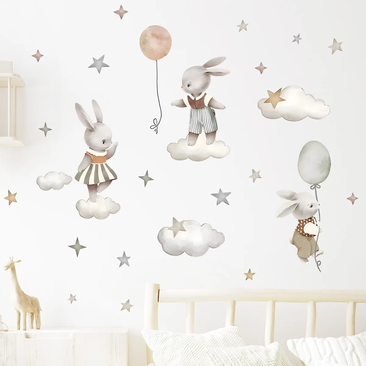 Bunny Rabbit Balloon Wall Stickers Cloud Stars Decorative Wall Decals For Children's Room Kids Nursery Baby Room Wall Decor