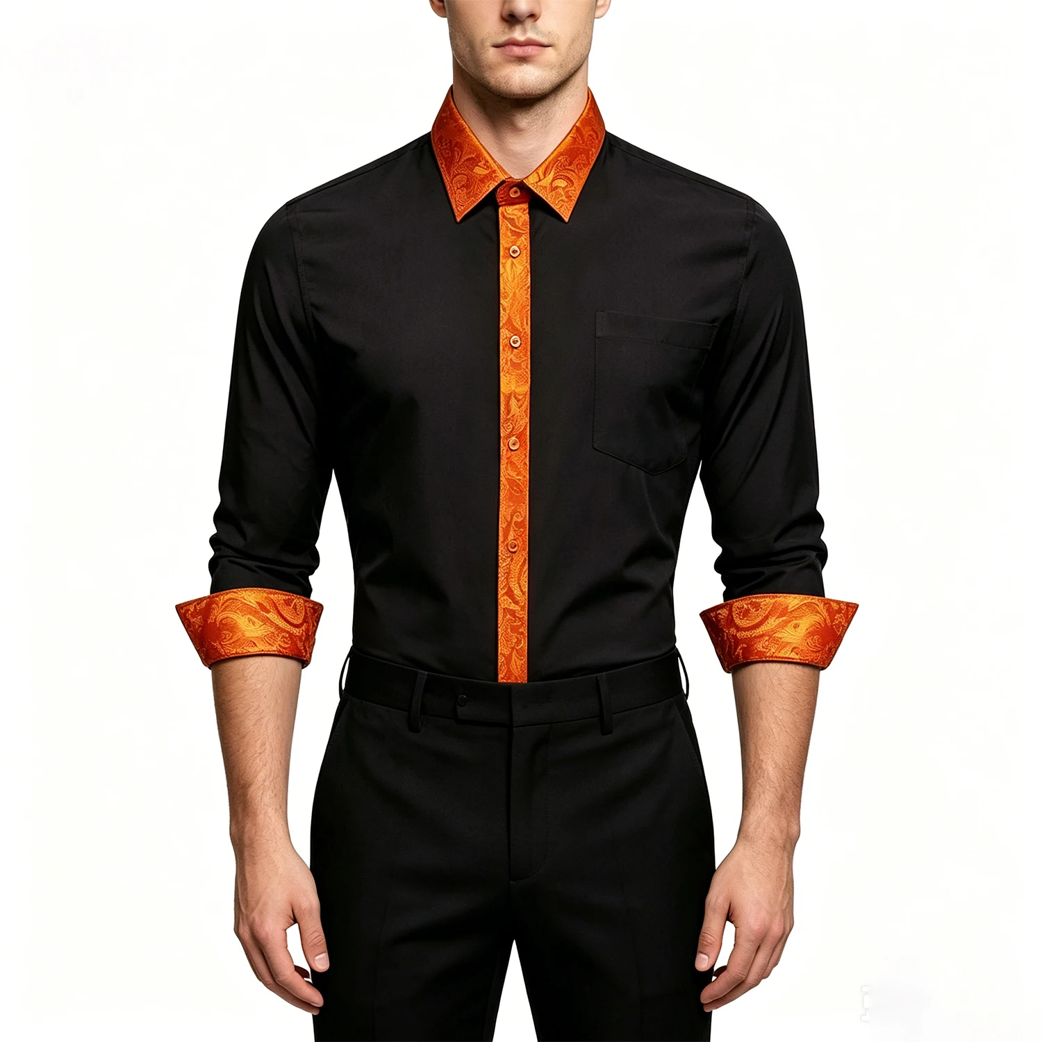 

Regular Fit Men's Polyester Shirt Paisley Contrast Placket & Collar Long Sleeve