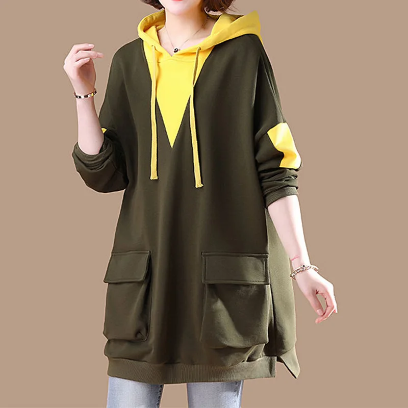 Korean Trend Hooded Collar Patchwork Double Pockets Spring Autumn Womens Contrasting Colors Bandage Mid Length Sweatshirts