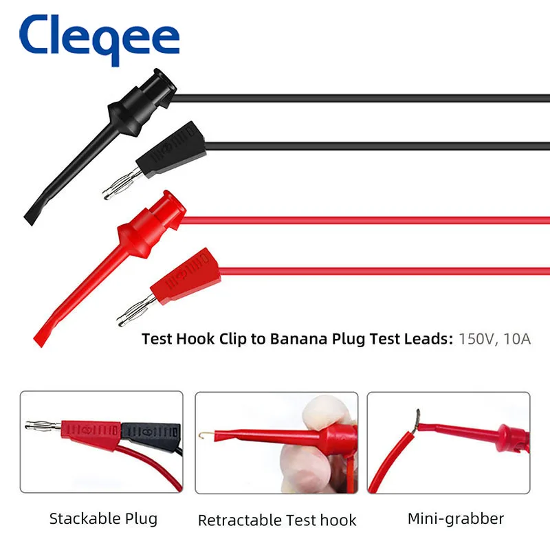 Cleqee P1308B-3 2 pces 4mm empilhável banana plug para teste gancho clipe teste leva cabo 100cm fio elétrico minigrabber conector