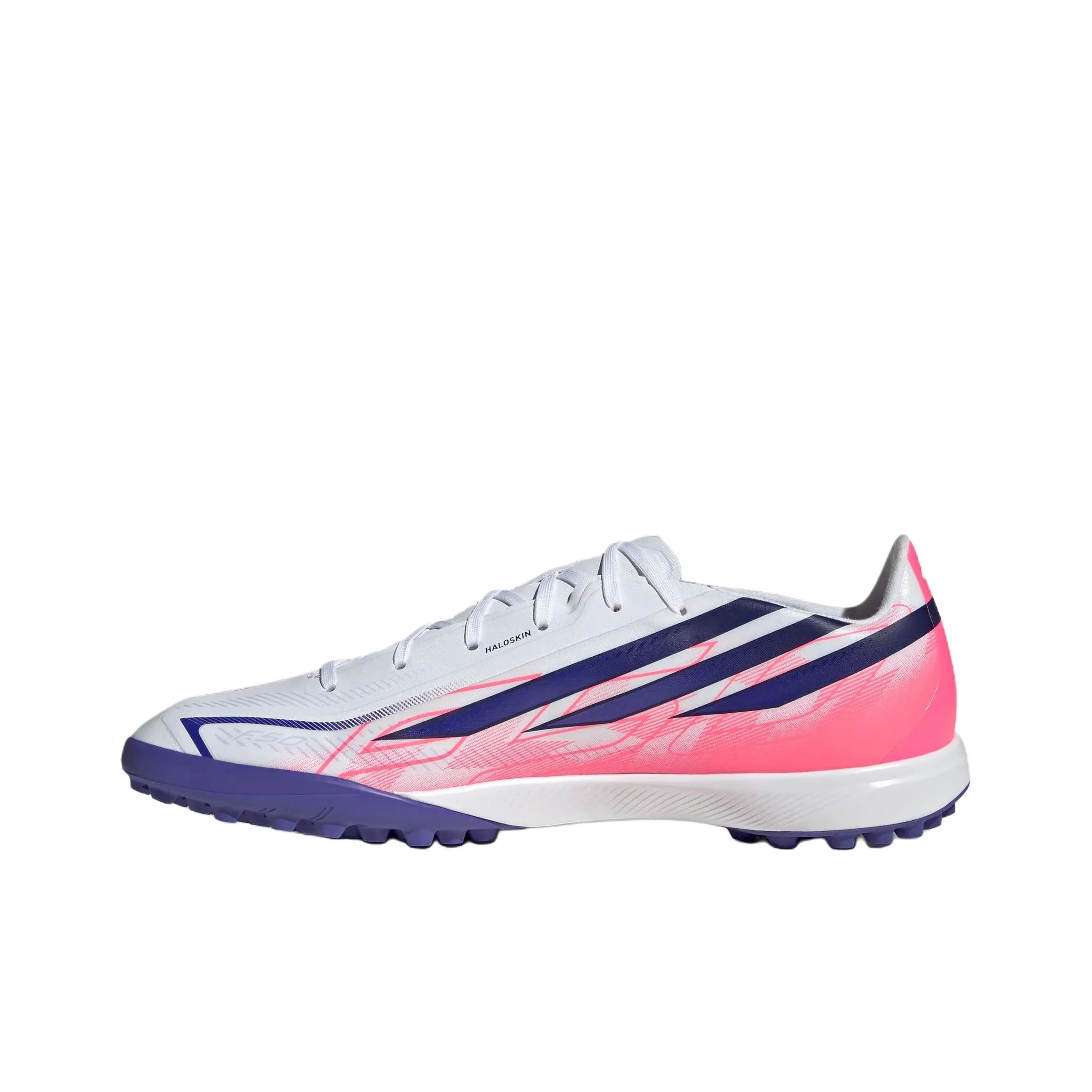 chaussures-de-football-adidas-f50-unisexe-coupe-basse-blanc-violet-solaire-rouge-neon-tourbillonnant-kj3434